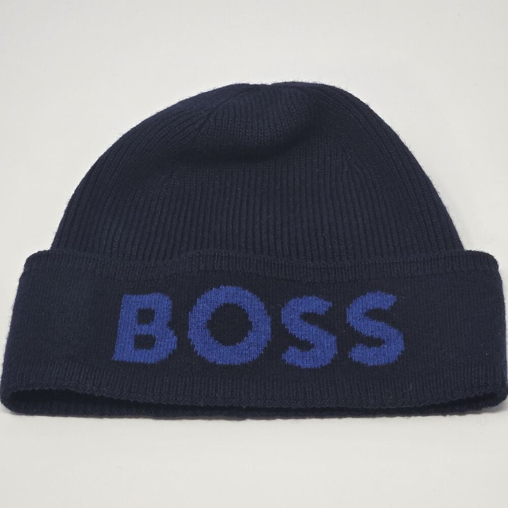 HUGO BOSS Men's Elio BOSS Logo Beanie Blue Wool/Cashmere NWT